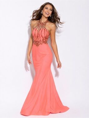 pink and orange prom dress KissProm Two Piece Mermaid Sequins with Slit, / Custom Size Sweep train Neckline Pink Orange Prom Dress